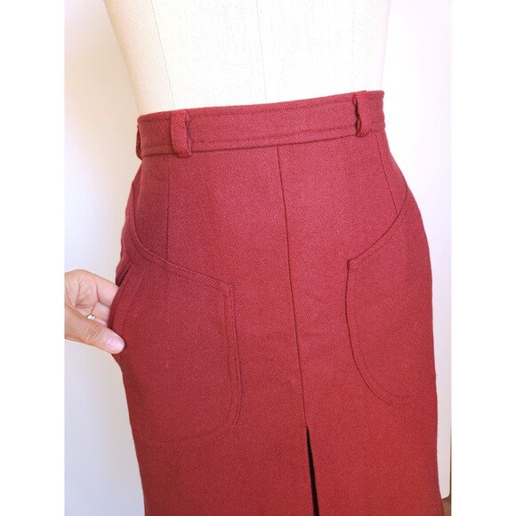 60s 70s Bordeaux WOOL Skirt with POCKETS High Waisted Skirt - Boho Mod XXS - Picture 8 of 8